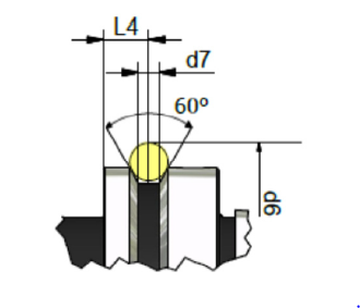 Disegno tecnico di una sfera gialla centrata in una scanalatura, etichettata L4, d7, d6 e 60°.