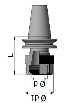 Technical diagram of a gray mechanical fitting with dimensions labeled L, p Ø, and lp Ø