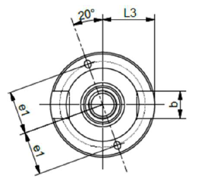 Disegno tecnico di una flangia circolare con anelli concentrici ed etichette dimensionali (e1, e7, L3, b, 20°).