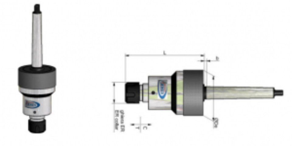 Technische Zeichnung und 3D-Rendering eines zylindrischen mechanischen Bauteils mit Welle und Maßangaben