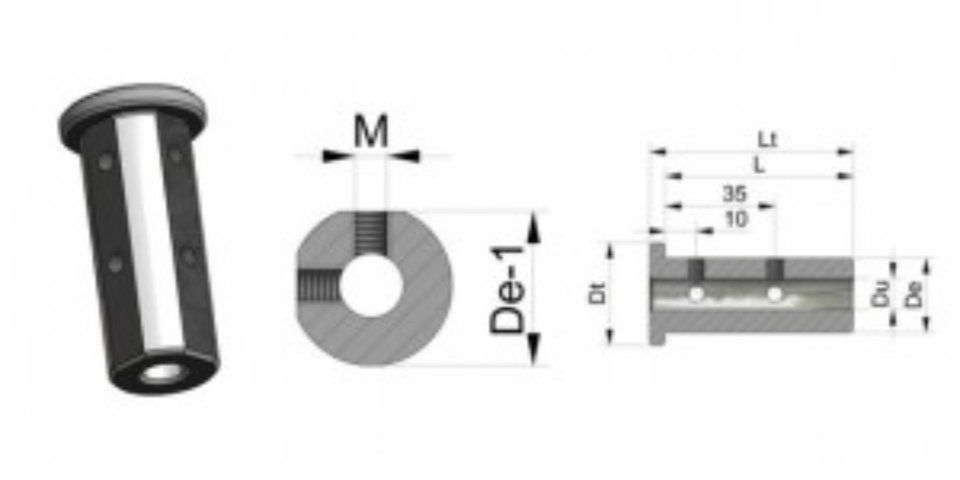 Disegno tecnico e rendering 3D di un tubo cilindrico nero con flange, mostrato in tre viste con relative dimensioni.