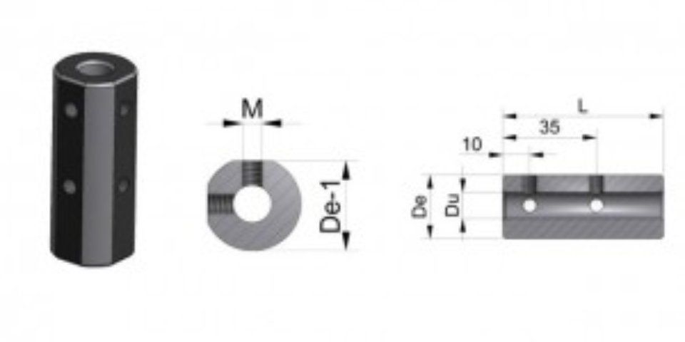 Boccola cilindrica nera con diagrammi dimensionali tecnici e misure etichettate M, D, L.