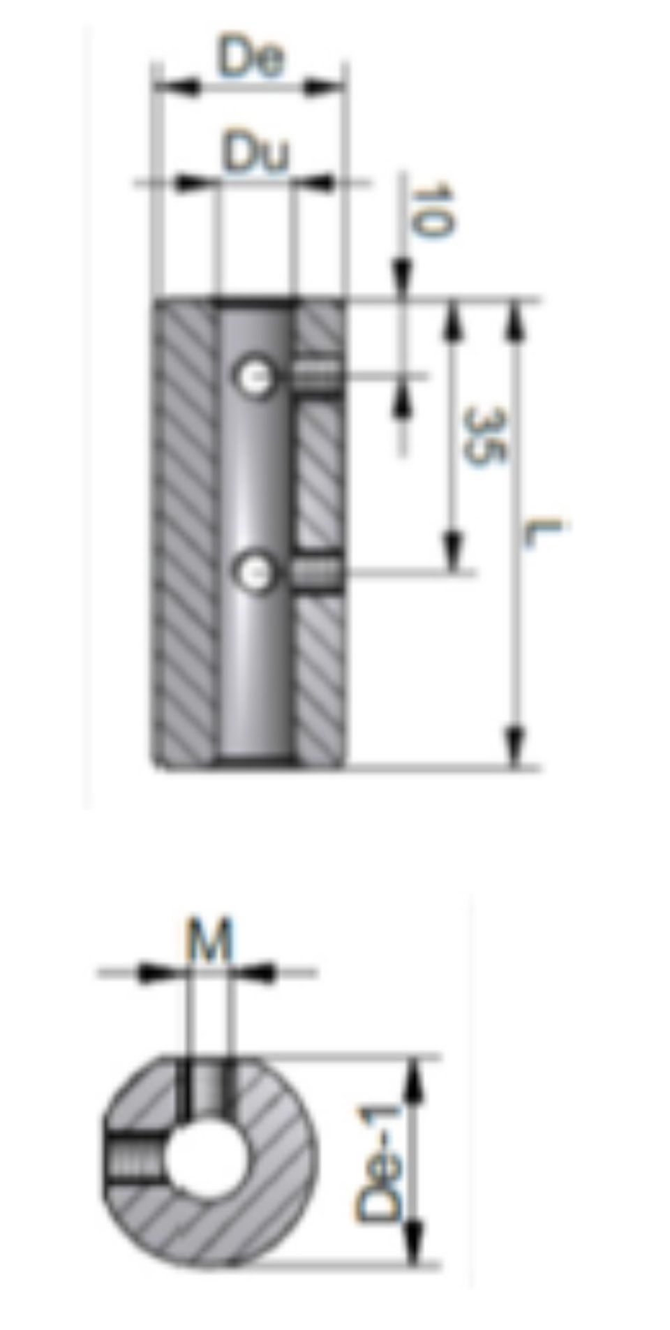 Schema tecnico in sezione di un componente cilindrico con indicazione delle dimensioni e dei fori.