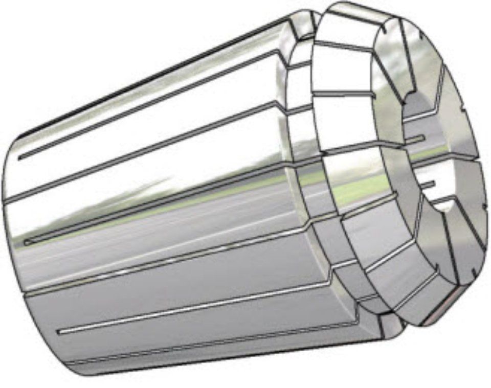 Silver hexagonal metal collet nut with ridged sides, shown at an angle on a white background