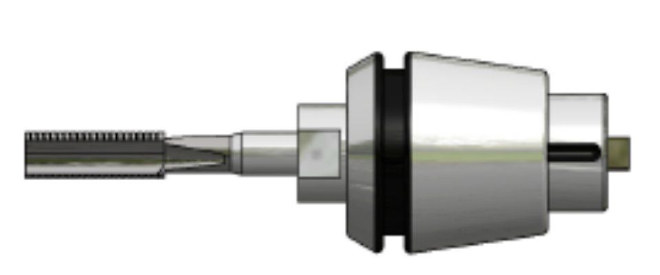 Metal drill chuck with a black ring and silver tapered body, shown against a white background