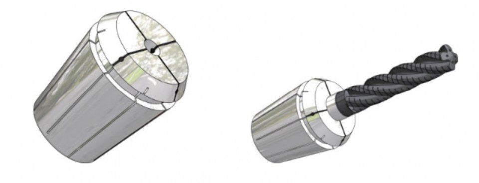 Metal drill chuck with a black spiral drill bit shown in two views