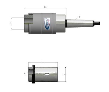 Disegno tecnico di un cilindro in metallo grigio con dimensioni indicate e vista laterale ingrandita.