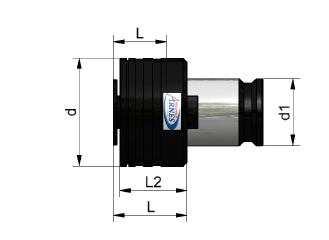 Schema tecnico di un componente cilindrico nero e argento con le dimensioni indicate d, d1, L e L2.