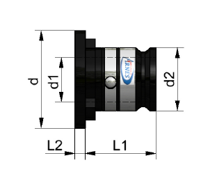 Schema tecnico in vista laterale di un raccordo cilindrico con dimensioni d, d1, d2, L1 e L2 etichettate in nero e blu.