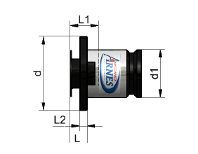 Schema tecnico di un componente cilindrico nero e argento con le etichette dimensionali L1, L2, L, d e d1