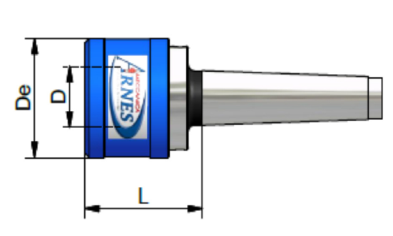 Mechanisches Werkzeug in Blau und Silber mit konischem Schaft, gekennzeichnet mit den Maßen De, D und L.