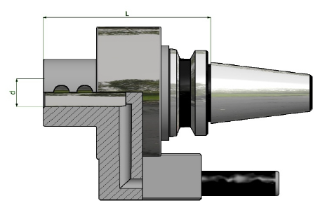 Disegno tecnico in sezione trasversale di un portautensili metallico con mandrino conico e componenti di serraggio.