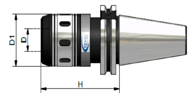 Vista laterale tecnica di un portautensili conico con dimensioni etichettate D1, D e H.