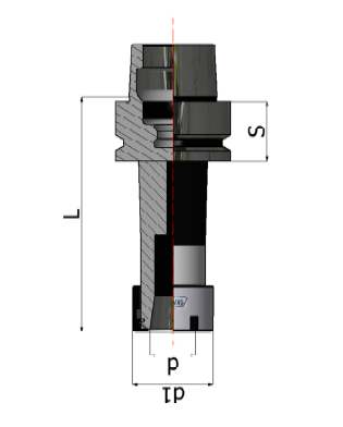 Schema tecnico in sezione trasversale di un componente cilindrico nero e grigio con le dimensioni indicate L, S, p e tp.