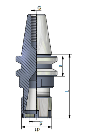 Disegno tecnico in sezione trasversale di un componente meccanico filettato con le dimensioni indicate G, P, LP, s e L.