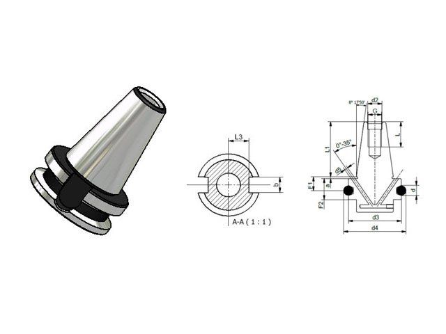 Rendering 3D e disegni tecnici di un portautensili metallico conico o di un componente del mandrino