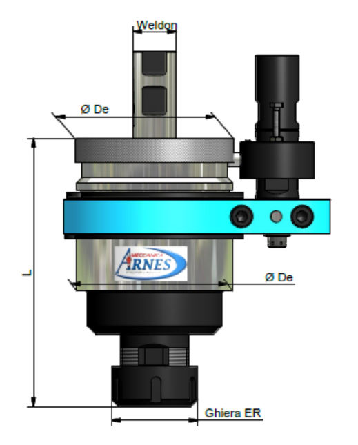 Technical drawing of a black-and-blue Arnes ER tool holder with labeled dimensions and welding notes.