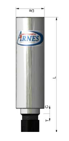 Silver cylindrical metal device with black base, labeled ARNES, shown with dimension measurements