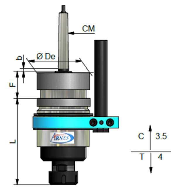 Industrial tool setup diagram with labeled dimensions and a blue clamp assembly