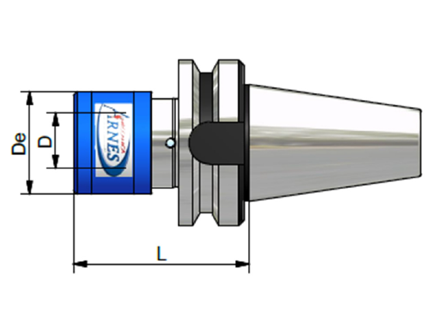 Technical drawing of a blue and silver tool holder with labeled dimensions De, D1, and L