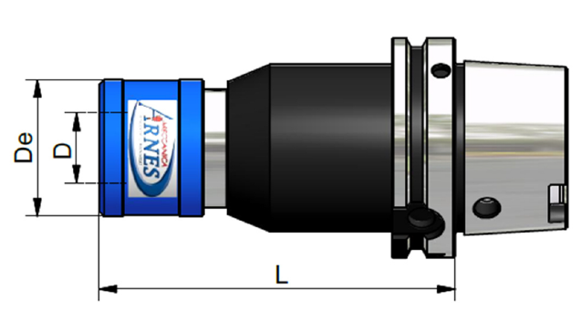 Industrial hose fitting diagram, black and silver coupling with blue end, labeled dimensions D, De, and L.