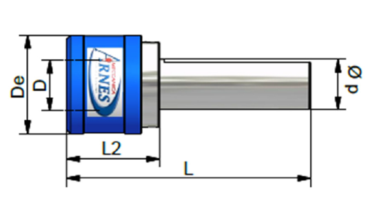 Technical diagram of a blue-and-silver sensor with labeled dimensions D, De, L2, and L.