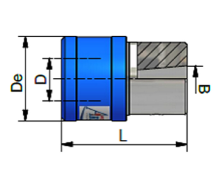 Technical diagram of a blue and gray cylindrical part with dimension labels De, D, B, and L.