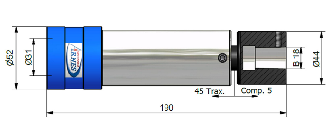 Mechanischer Zylinder in Blau und Silber mit in einer technischen Zeichnung angegebenen Maßen.