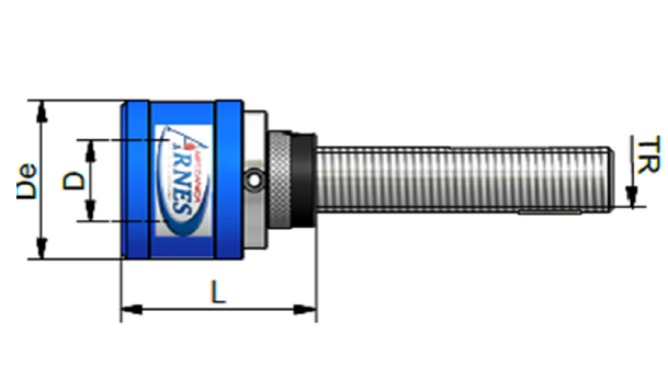 Technical diagram of a blue and silver threaded bolt with dimensions labeled De, D, L, and d1