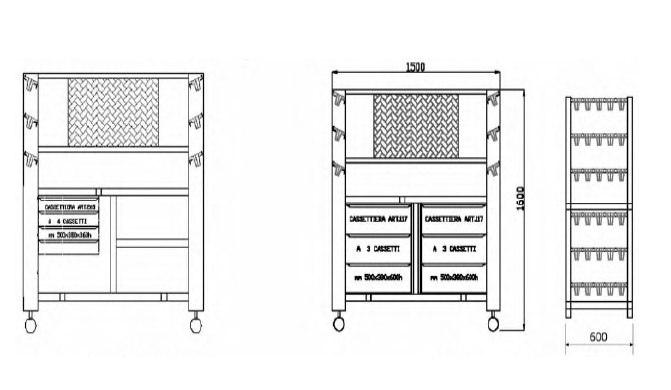 Technical drawing of a wheeled storage cart with shelves and drawers, shown in front and side views.