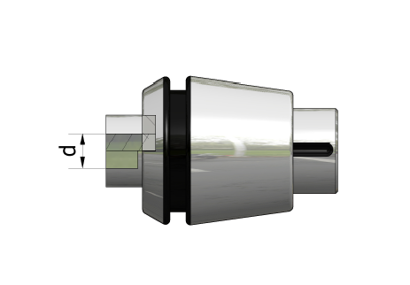 Chrome-plated cylindrical mechanical coupling with a black collar, shown in profile on a white background