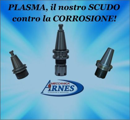 ARNES-Werbung: Drei Metallkomponenten auf blauem Hintergrund mit dem Text „PLASMA, unser SCHUTZ gegen KORROSION!“