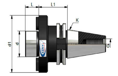 Disegno tecnico di un portautensili conico nero e argento con dimensioni e misure indicate.