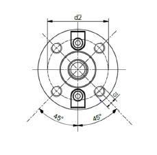Disegno tecnico di una flangia circolare con fori per bulloni ed etichette dimensionali d2 e segni a 45°.