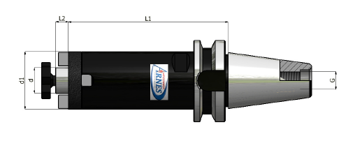 Illustrazione tecnica di un utensile o ugello industriale nero e argento con tacche di misurazione.