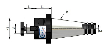 Disegno tecnico di un gruppo ugello metallico con dimensioni indicate e un cavo sulla destra.