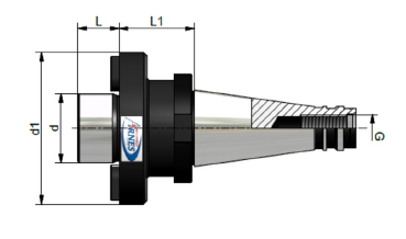 Disegno tecnico di un portautensili conico nero e argento con etichette di misurazione.