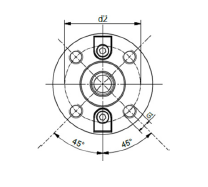 Disegno tecnico di una flangia circolare con fori per bulloni, foro centrale, dimensioni e marcature dell'angolo di 45°.