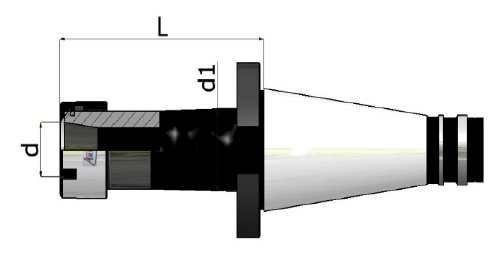 Schema tecnico di un utensile meccanico conico nero e argento con dimensioni etichettate L, d1 e d