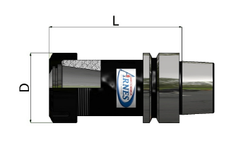 Disegno tecnico in vista laterale di un raccordo meccanico nero e argento con le dimensioni indicate da L e D.