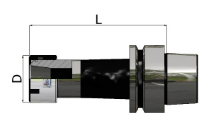 Disegno tecnico in vista laterale di un connettore nero e argento con le dimensioni indicate con L e D.