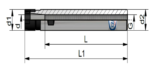 Vista laterale di un elemento di fissaggio meccanico con le dimensioni L, L1, d1 e d2 indicate in un disegno tecnico.