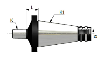 Disegno tecnico di un connettore conico con etichette K, K1, L e G su sfondo bianco.