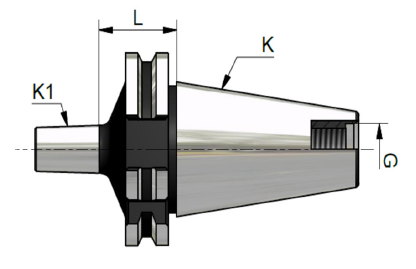Schema tecnico di un utensile metallico conico con le dimensioni indicate K1, L, K e G.