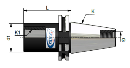 Disegno tecnico di un portautensili conico nero e grigio con dimensioni indicate.