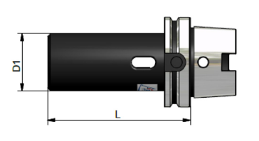 Disegno tecnico di un utensile cilindrico nero con le dimensioni indicate D1 e L, fissato a un raccordo terminale argentato.