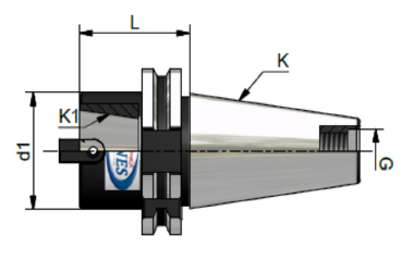 Disegno tecnico di un portautensili conico grigio con le dimensioni indicate: L, G, d1, K e K1.