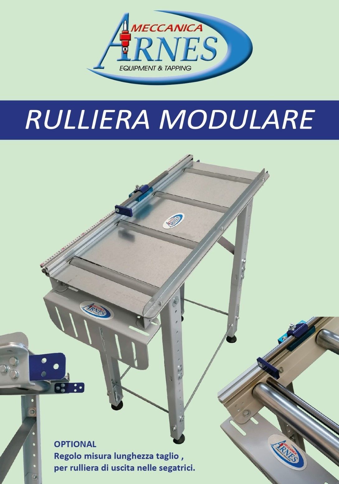 Trasportatore modulare a rulli in metallo ARNES “RULLIERA MODULARE” su sfondo verde chiaro