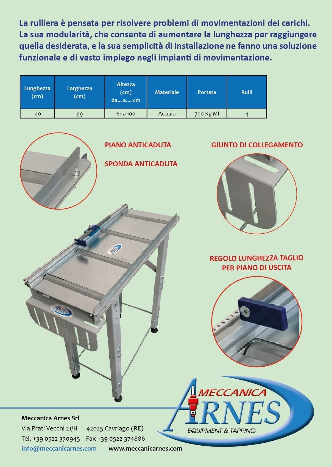 Brochure che mostra un lavello/carrello industriale in acciaio inox con dettagli dei componenti e logo ARNES.