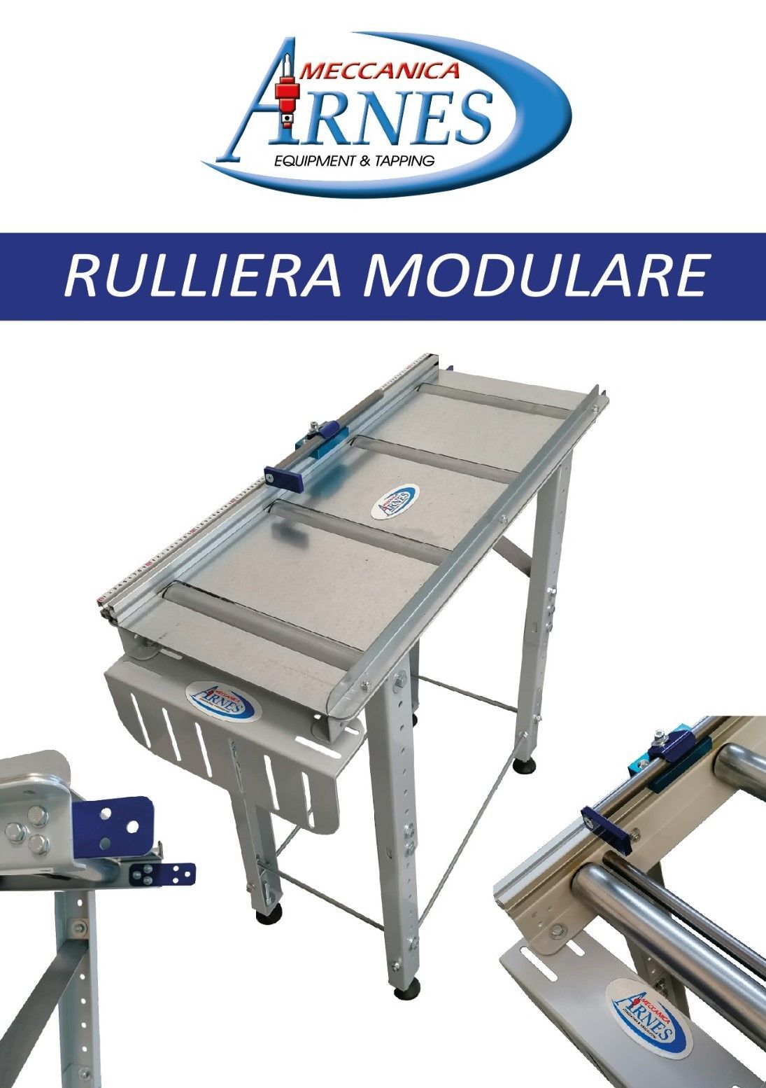 Trasportatore a rulli modulare con telaio metallico, mostrato in stile catalogo prodotti con logo ARNES.